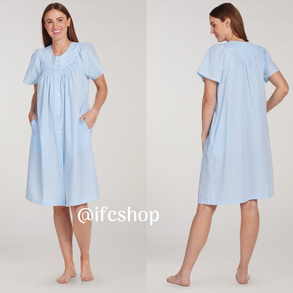 Miss Elaine Seesucker Short Robe in Blue White Check XL